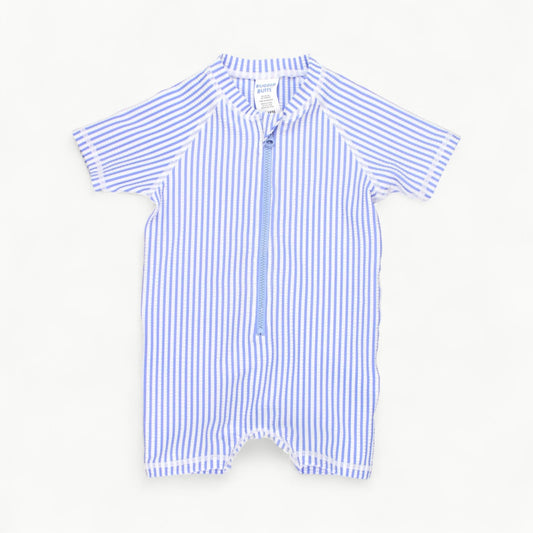 Periwinkle blue seersucker short-sleeve one-piece rash guard with UPF 50+ protection for infant and toddler boys