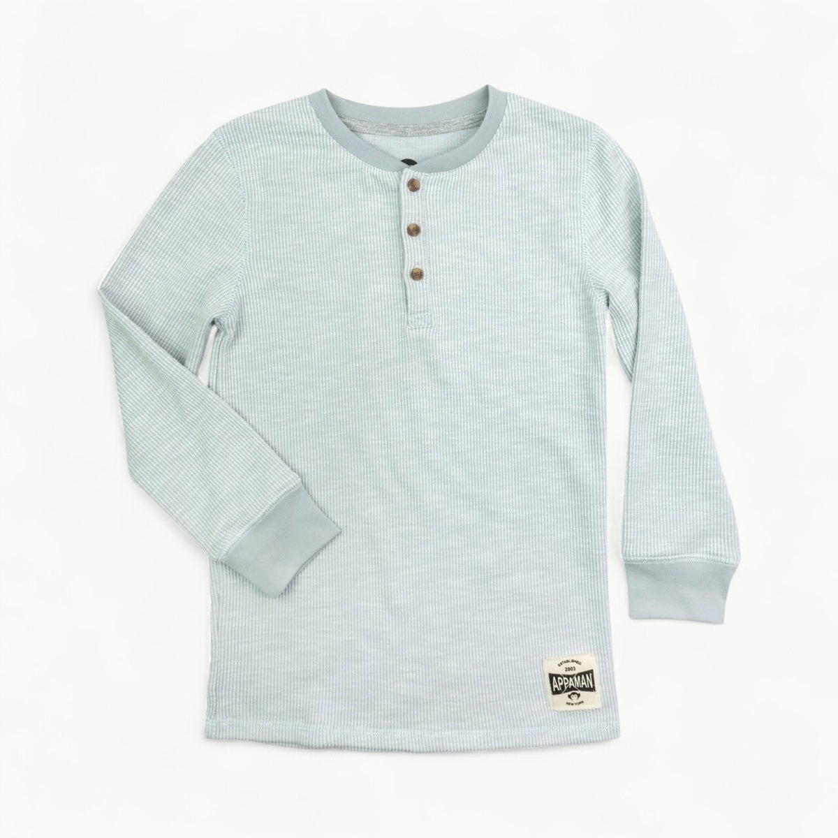 Cool Grey Craftsman Thermal Henley by Appaman, waffle-cut long sleeves, button v-neck
