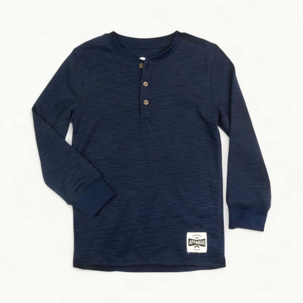 Appaman Craftsman Thermal Henley in Indigo with waffle-cut long sleeves and button V-neck
