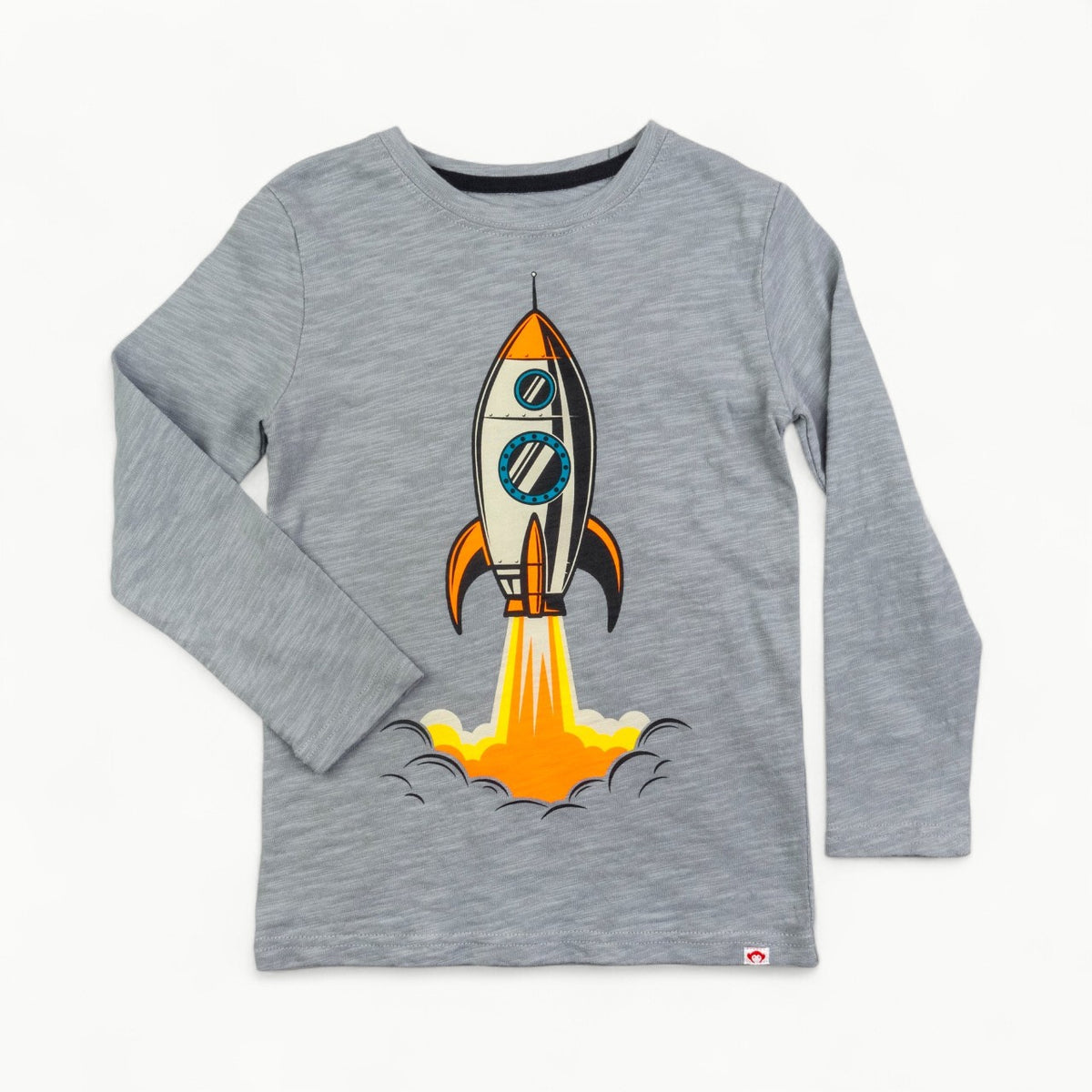 Light grey long-sleeved cotton tee with refined Blast Off graphic by Appaman