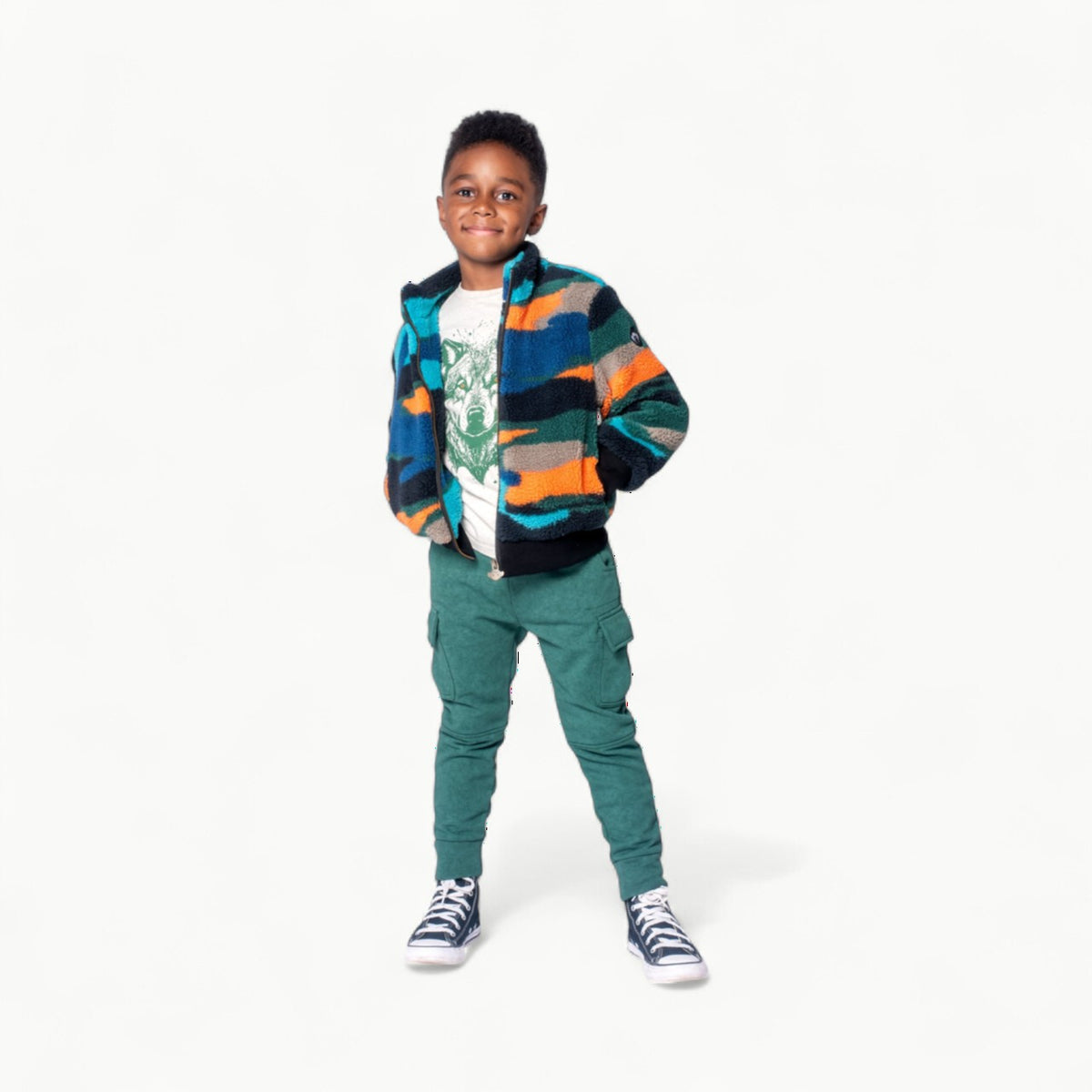 Appaman Woodland Jacket in Autumn Sunset camo pattern with front zipper and cuffed details