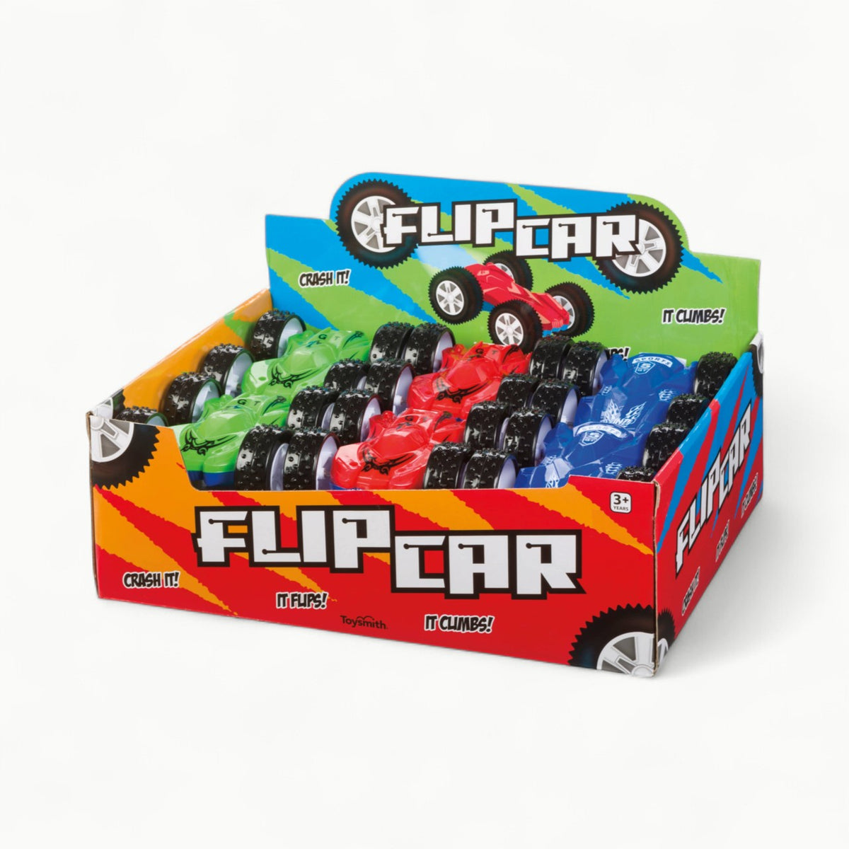 Toysmith Flip Car in red, blue, and green with all-terrain wheels; friction-powered, no batteries required