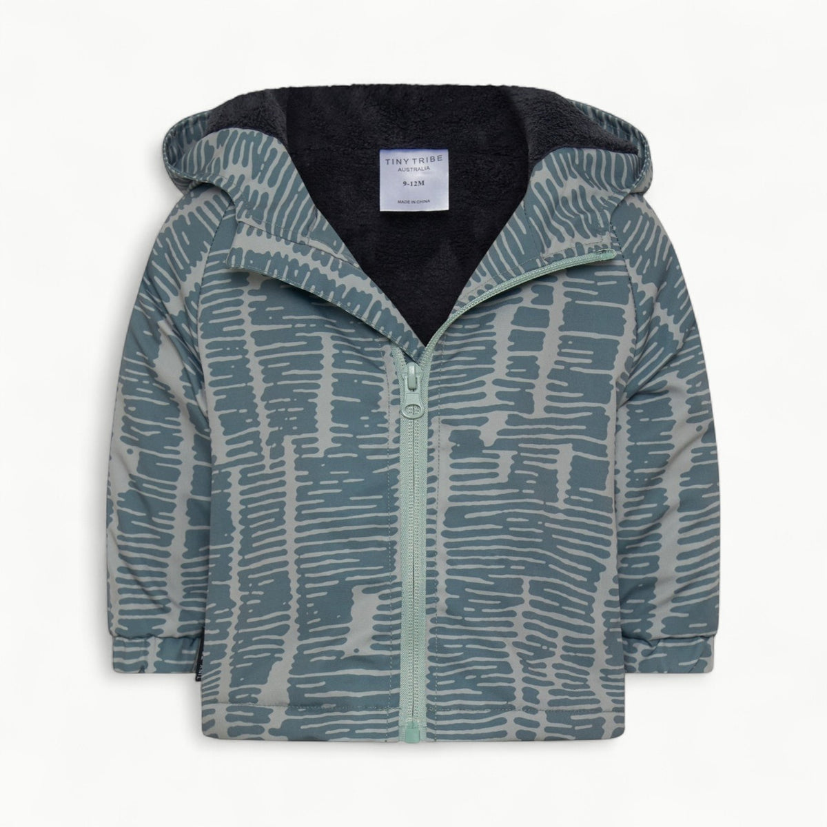 Sage broken stripe wind breaker by Tiny Tribe with front zip and hood detailing