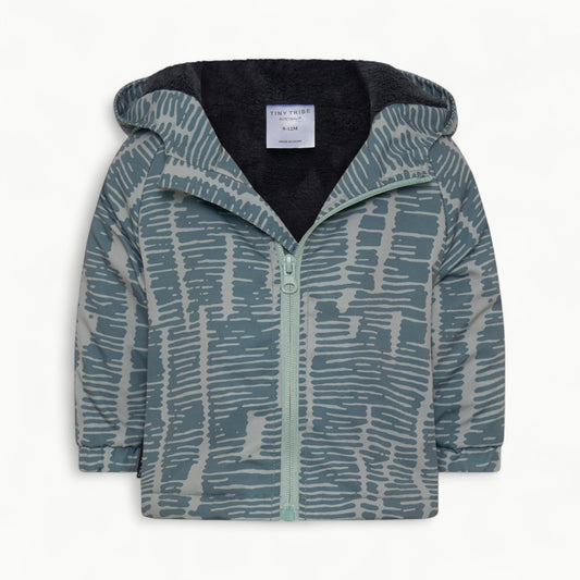 Sage broken stripe wind breaker by Tiny Tribe with front zip and hood detailing