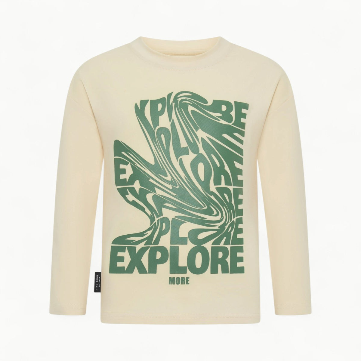 Cream Explore More Tee by Tiny Tribe with center-front typography, cotton elastane fabric