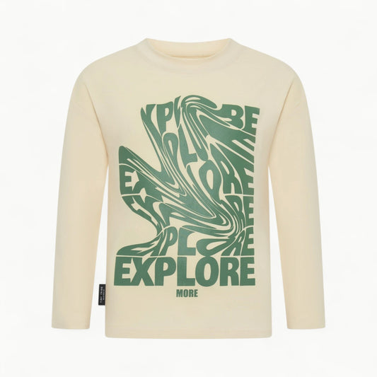 Cream Explore More Tee by Tiny Tribe with center-front typography, cotton elastane fabric