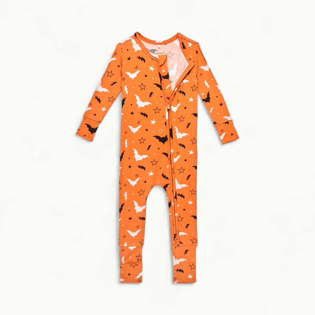 Hendrix convertible one-piece in Orange Bats print with two-way zipper and convertible mittens and footies