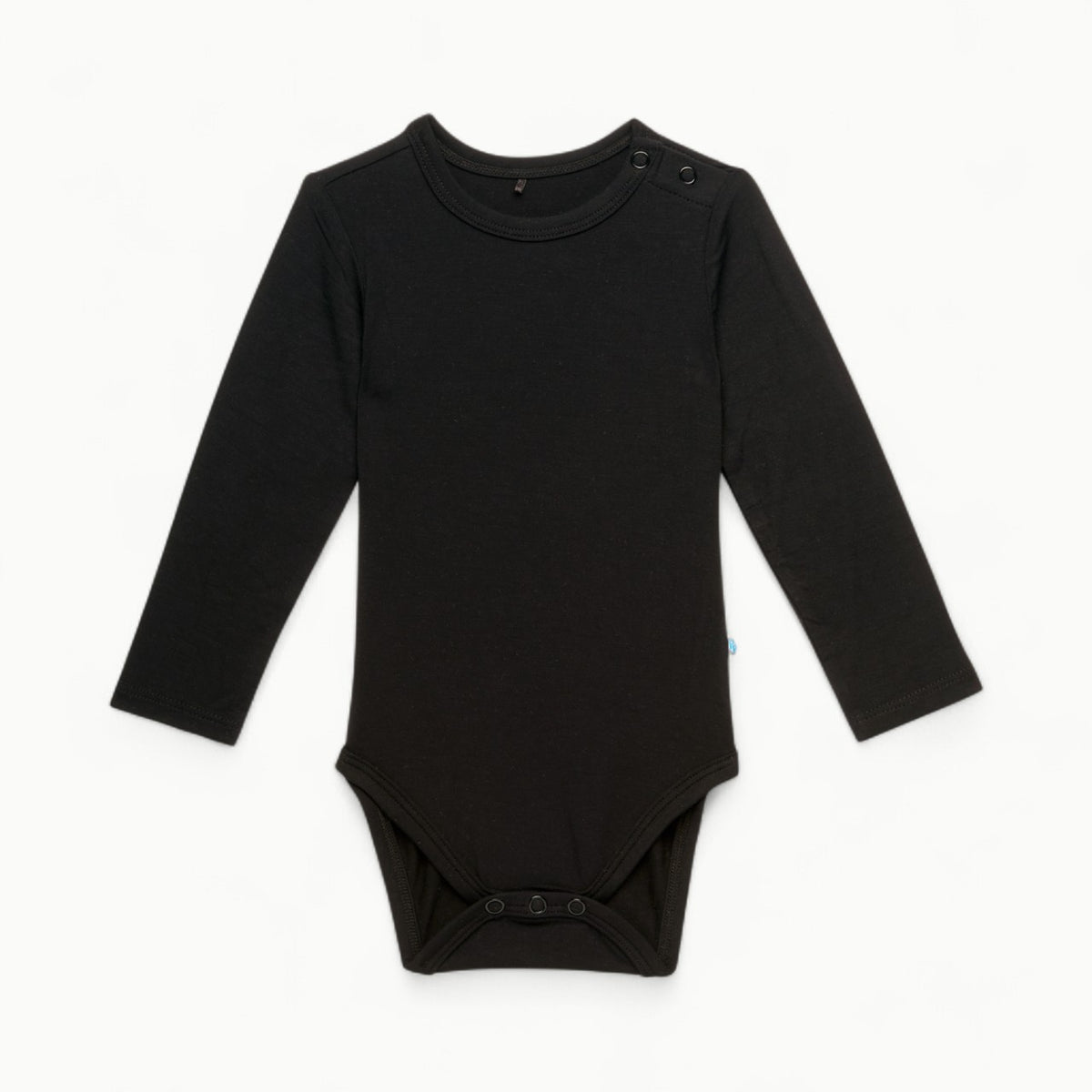 Black long sleeve bodysuit with functional buttons, crafted from Päpook® viscose from bamboo by Posh Peanut.