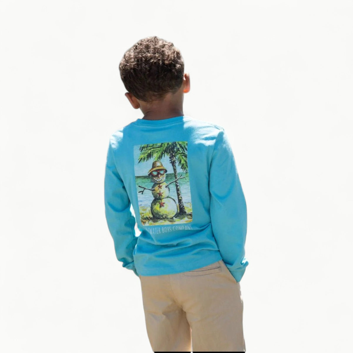Mr Sandman long-sleeve tee in aqua with tropical sand snowman graphic pocket detail