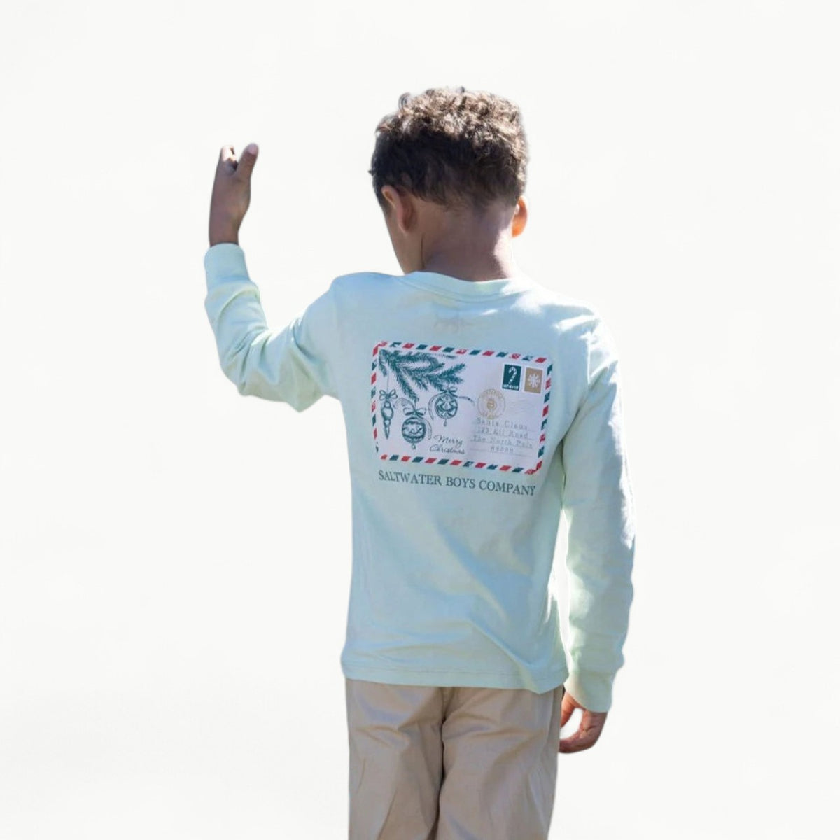 Light green long sleeve t-shirt with Christmas postcard graphic pocket detail by Saltwater Boys
