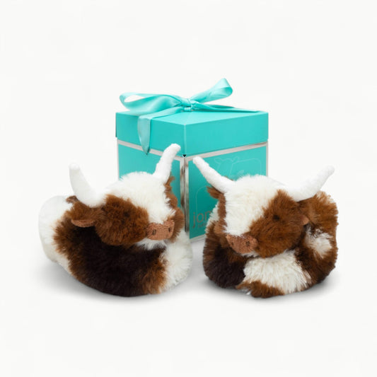 Texas Longhorn Highland Cow plush house slippers by Jomanda, cream and black brushable plush