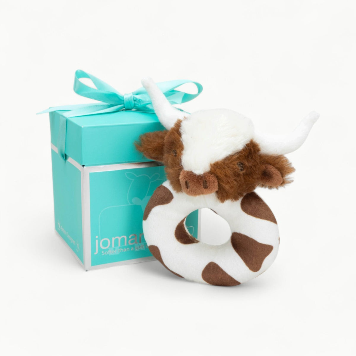 Handcrafted brown Highland Cow plush rattle by Jomanda, 10cm, with soft brushable hair