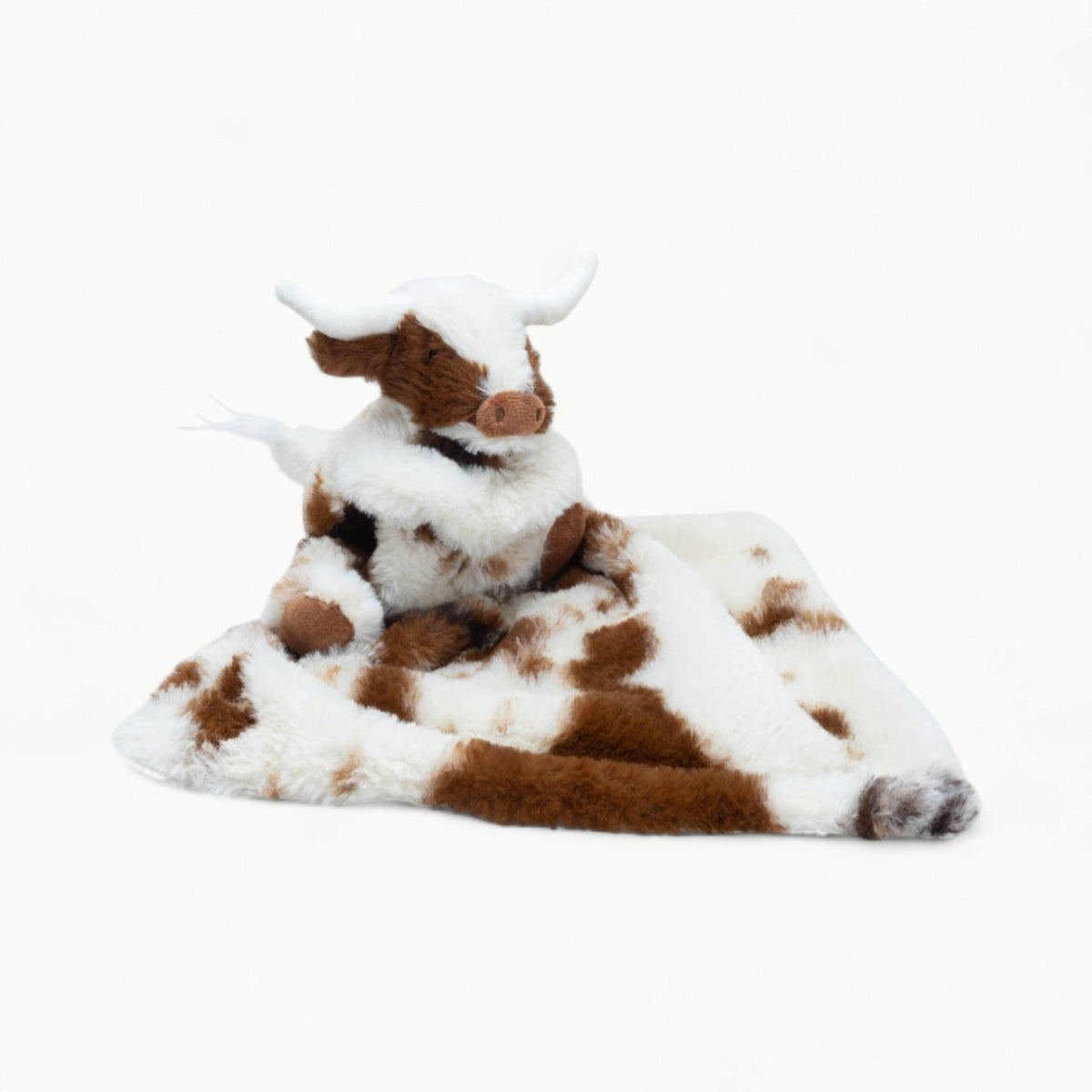 Texas Longhorn Highland Cow plush soother comforter with attached mini toy, brushable hair, handmade by Jomanda
