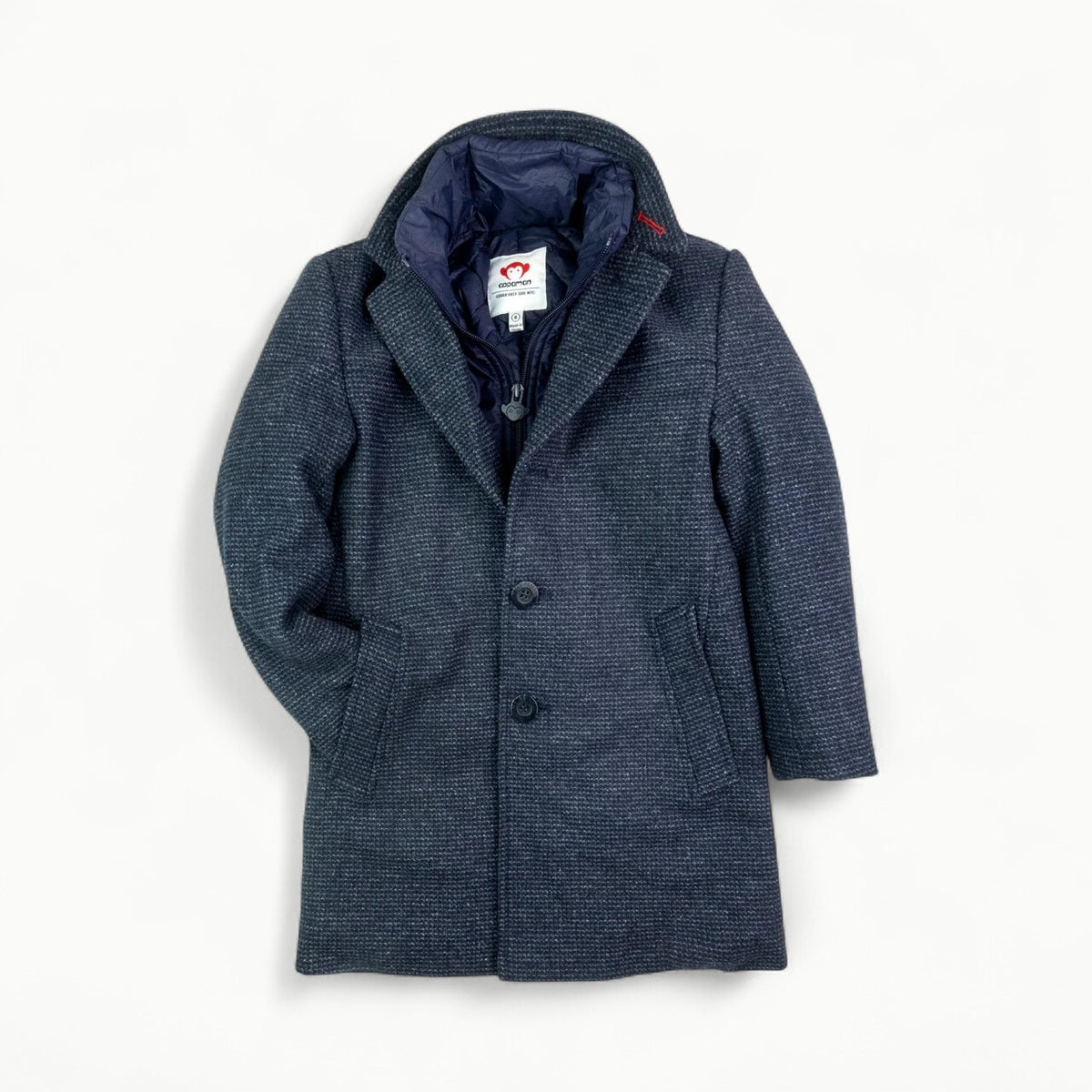 Appaman City Overcoat in Checkered Ink—wool-blend formal outerwear with zip and button front