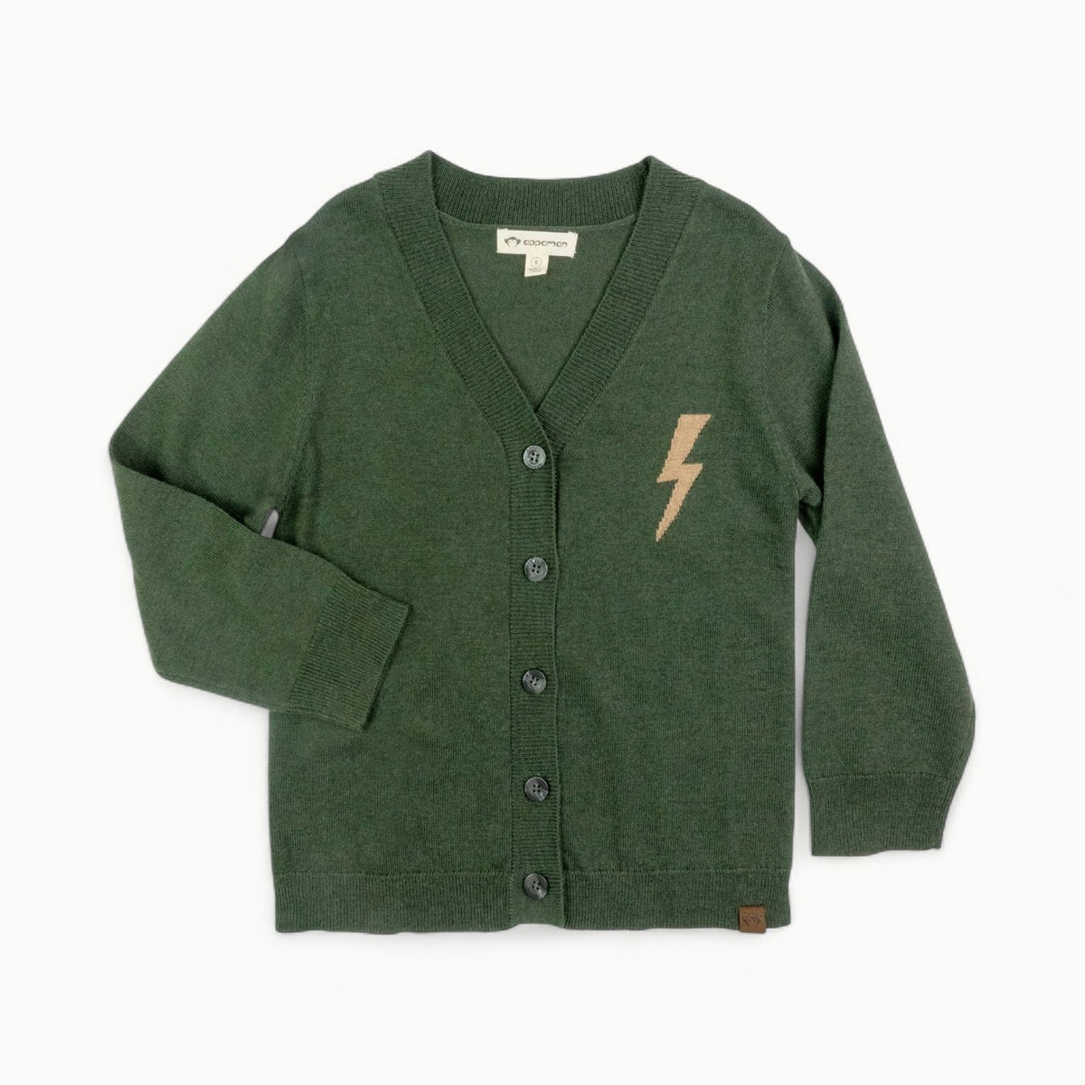 Pine-green knit cardigan with lightning bolt design, Appaman Everstorm style
