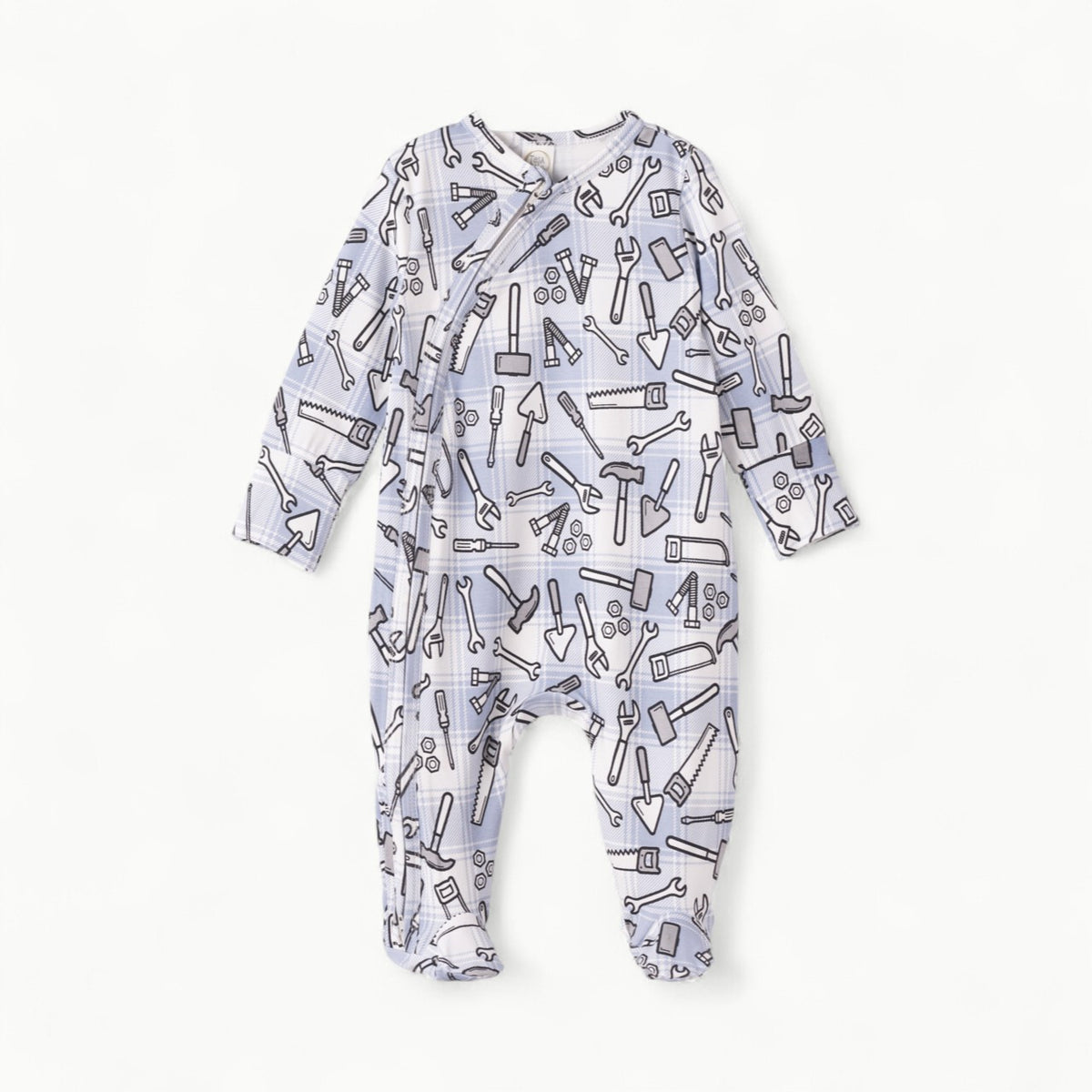 Long-sleeved footed zipper romper in Tool Time colorway by Tesa Babe