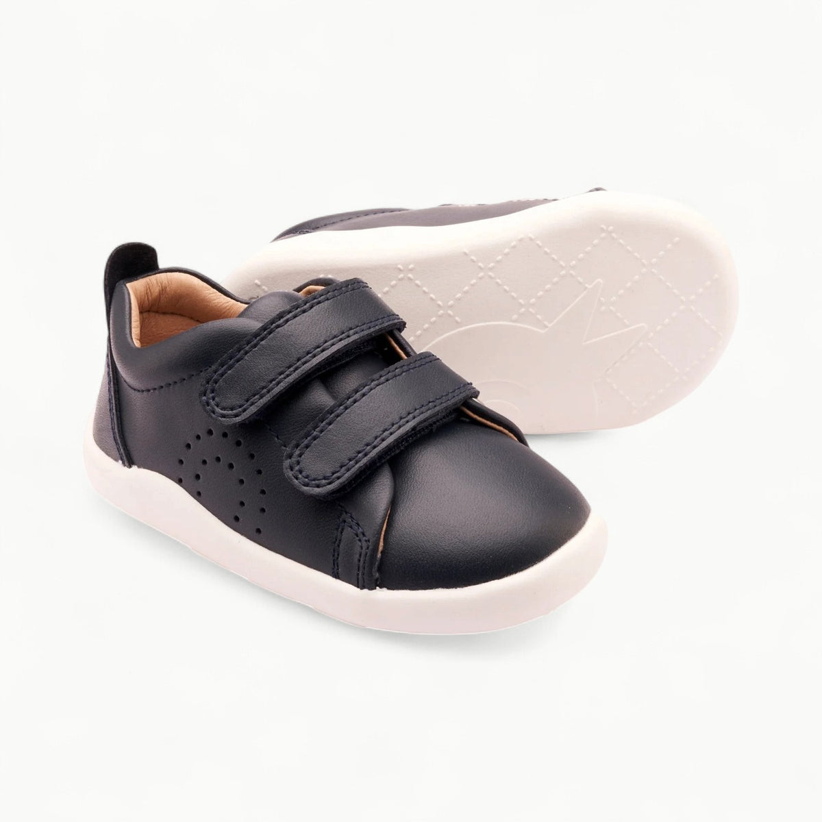Old Soles Little Tot navy and white leather sneaker with nonslip sole, front view