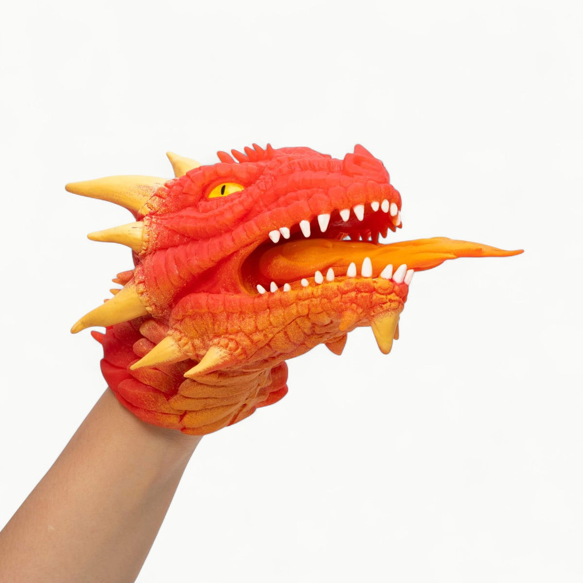 Schylling Dragon Hand Puppet with stretchy rubber construction and flicking flame detail