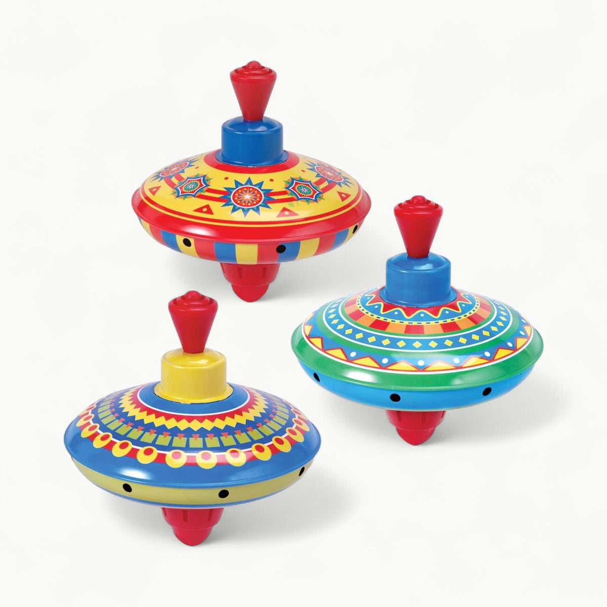 Assorted colorful tin spinning tops with hand-pump mechanism by Schylling