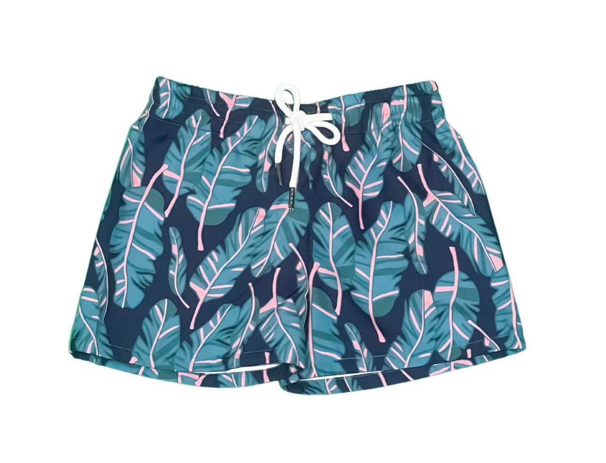 Navy palms Saint Simons Shorties swim trunks with built-in brief and UPF 50+ protection