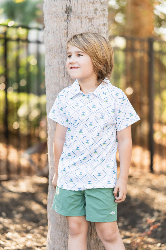 White Saltwater Boys Signature Pima Polo with marlin embroidery, short-sleeve classic golf style