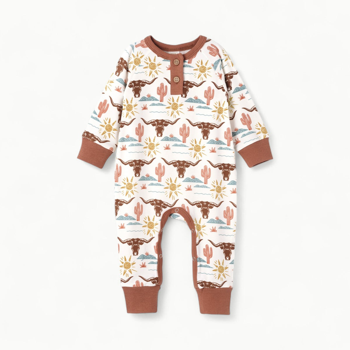 Happy Trails Western Romper in bamboo-cotton blend with western print detail and snap closures