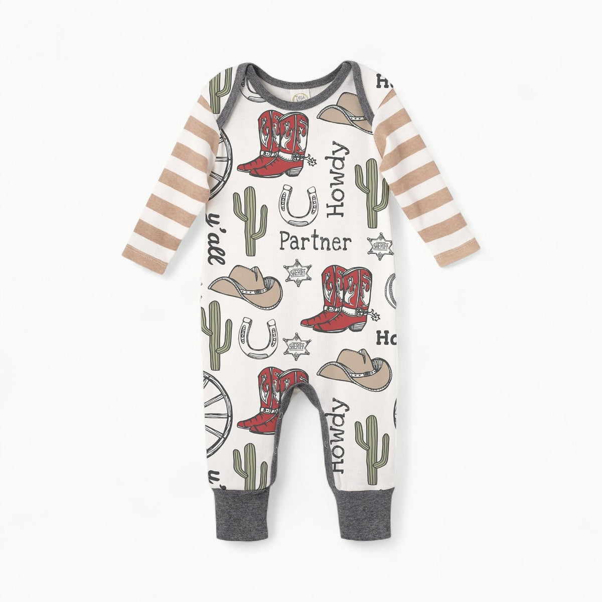 Howdy Partner Bamboo Romper by Tesa Babe in natural with Western print and charcoal trim