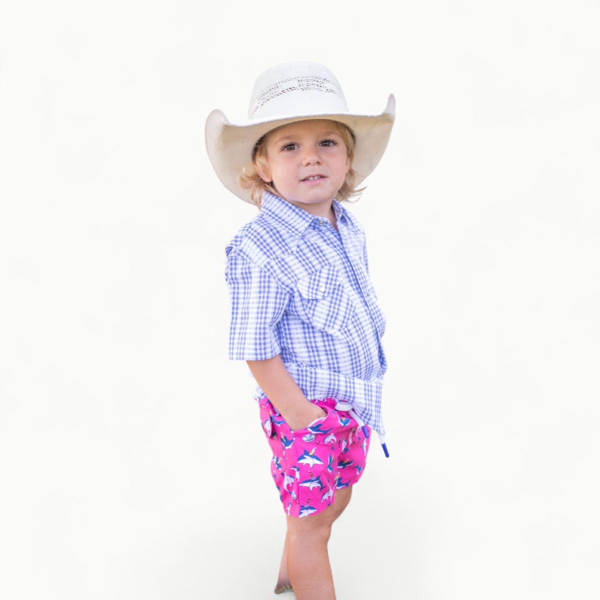 Great White Swim Trunks in pink by Blue Quail with UPF 50+ fabric