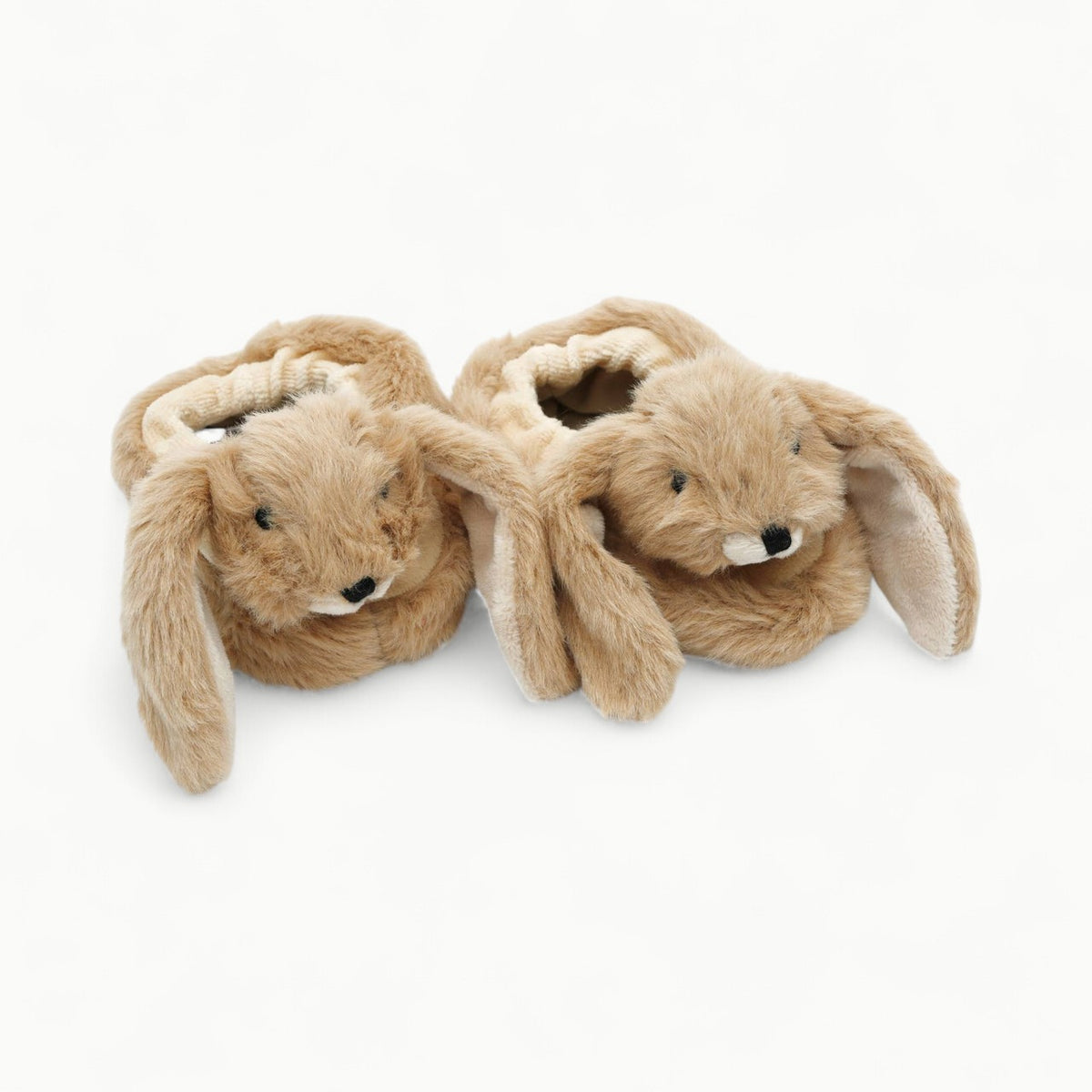 Brown plush bunny baby slippers with soft brushable hair, handcrafted by Jomanda