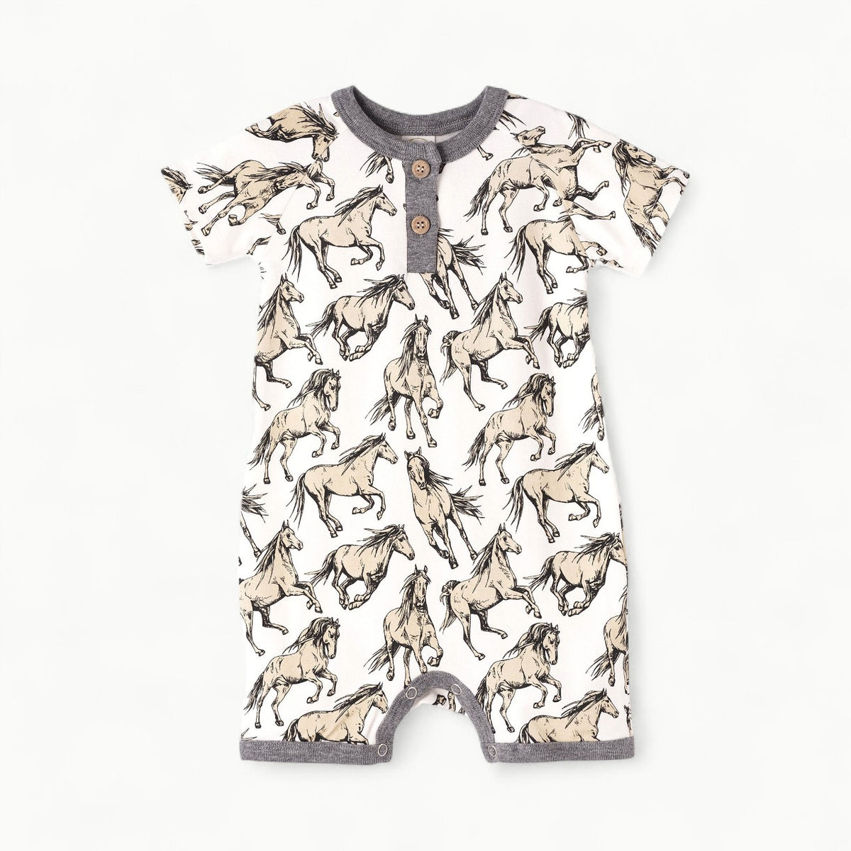 Wild Horses Short Romper by Tesa Babe in soft fabric with horse print, button placket detail.
