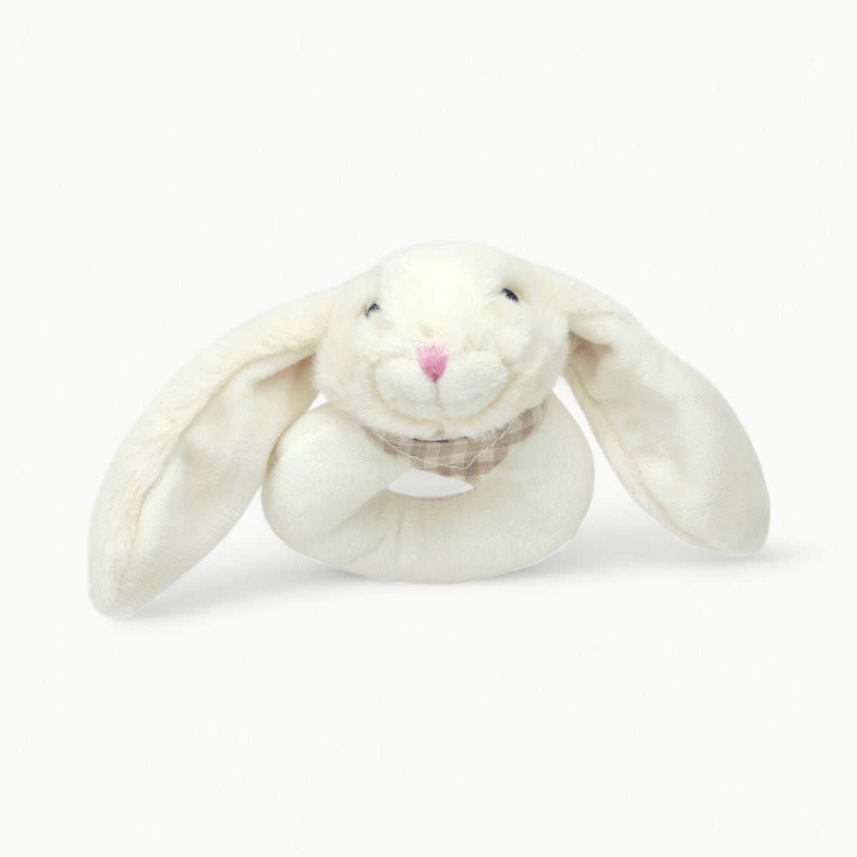 Cream-coloured soft bunny toy rattle, 10cm, with brushable fur texture by Jomanda