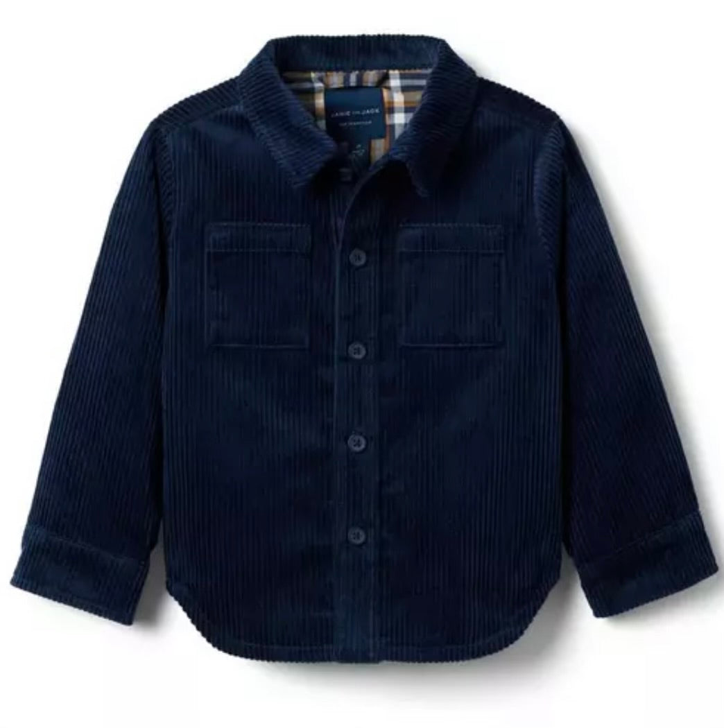 Navy corduroy button-front shirt jacket with plaid lining by Janie and Jack