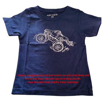 Navy t-shirt with understated monster truck graphic, Mustard & Ketchup Kids