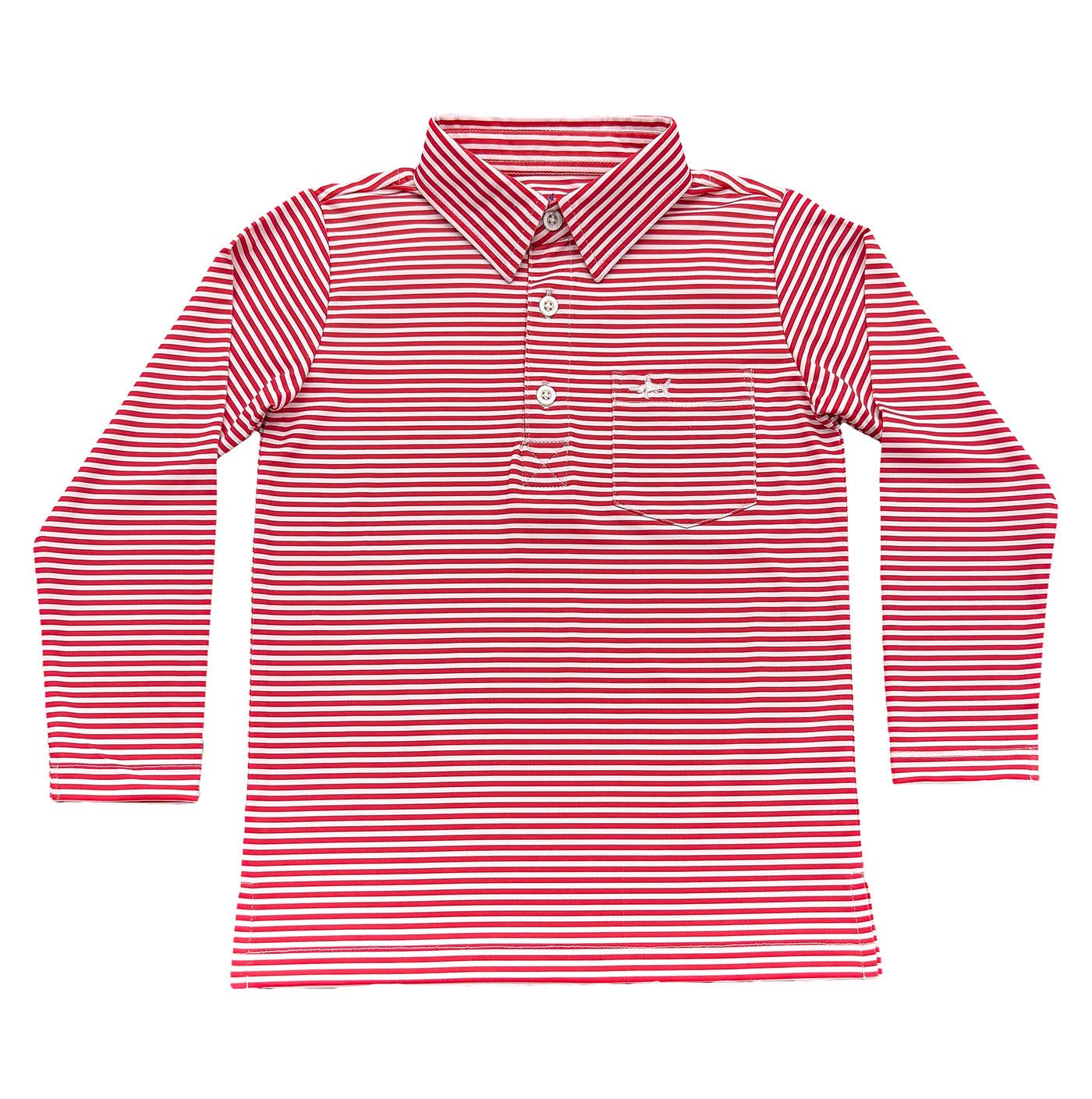 Boys long-sleeve Inshore Performance Polo in red stripe, four-way stretch polyester blend