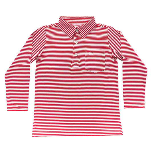 Boys long-sleeve Inshore Performance Polo in red stripe, four-way stretch polyester blend