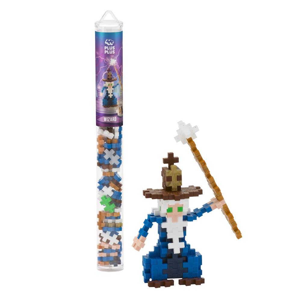 Plus-Plus Wizard Tube with 70 colorful interlocking pieces in white, blue, gold, copper, and more.