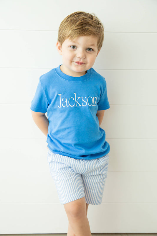 Boys short sleeve tee in cobalt blue, 100% cotton, double-stitched construction