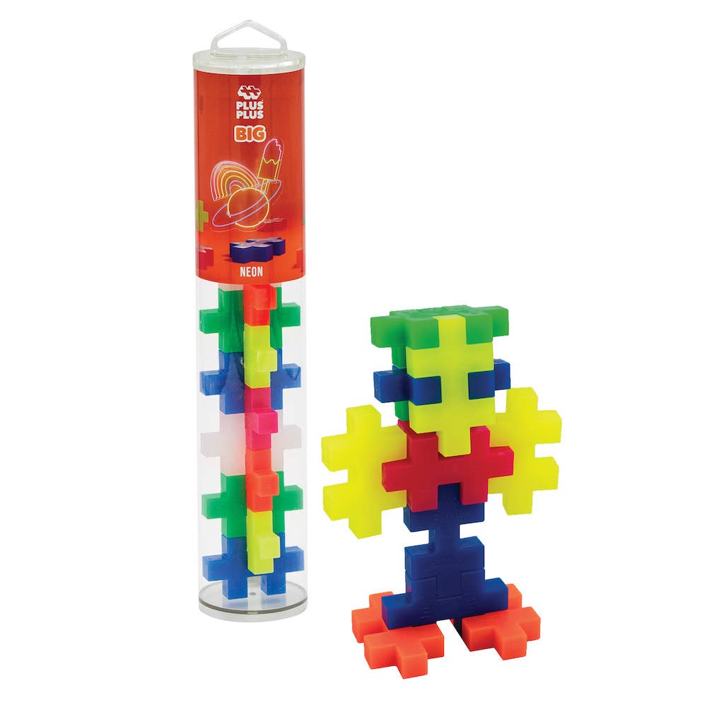 Plus-Plus BIG neon construction toy set with 15 pieces in blue, green, yellow, orange, pink, and transparent.