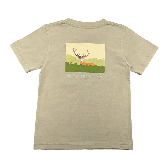 Boys taupe short-sleeve graphic tee with refined deer chest pocket from Saltwater Boys