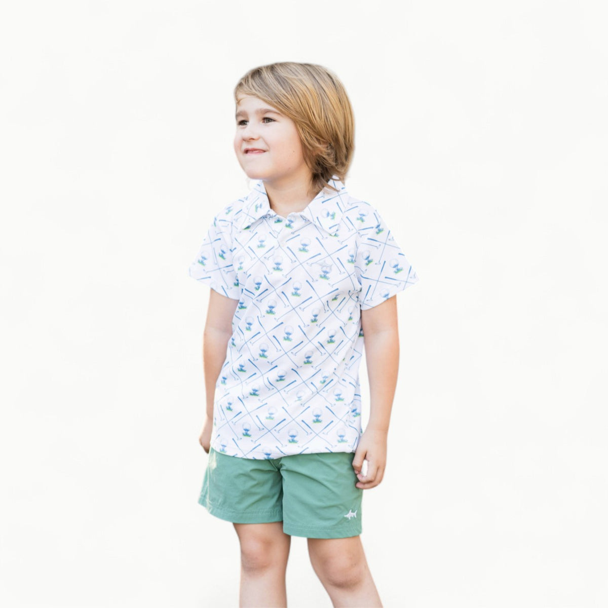 White Saltwater Boys Signature Pima Polo with marlin embroidery, short-sleeve classic golf style