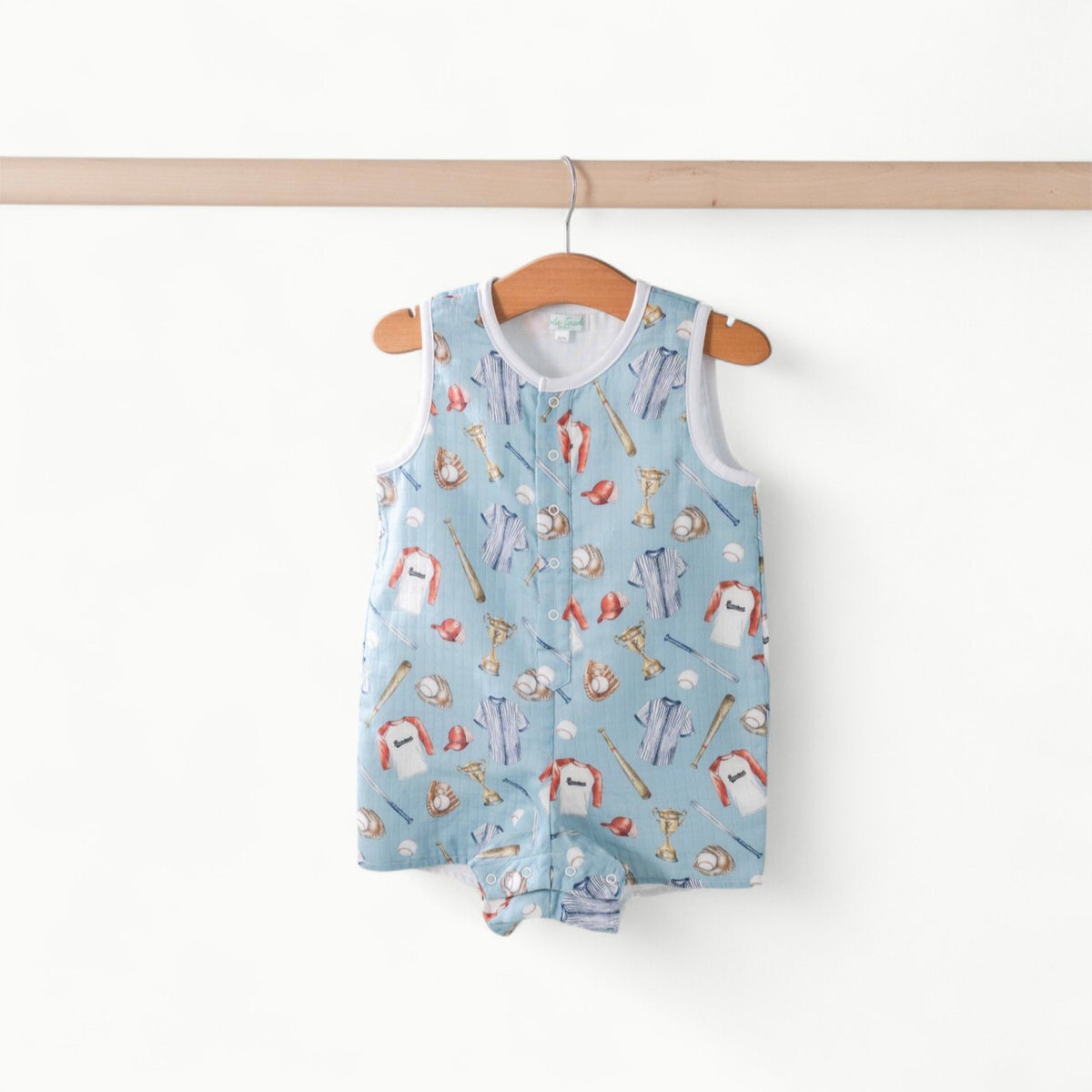 Nola Tawk Let's Play Ball Organic Muslin Shortall in cream with subtle baseball print