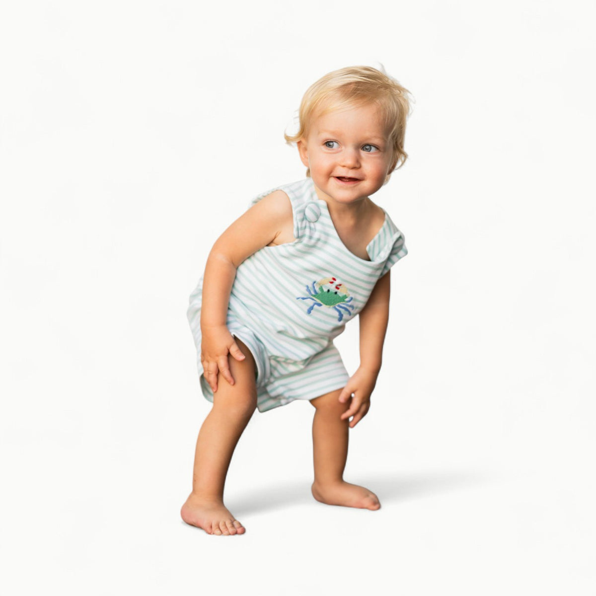 Saltwater Boys Crab Shortall in cream Pima cotton with embroidered crab applique