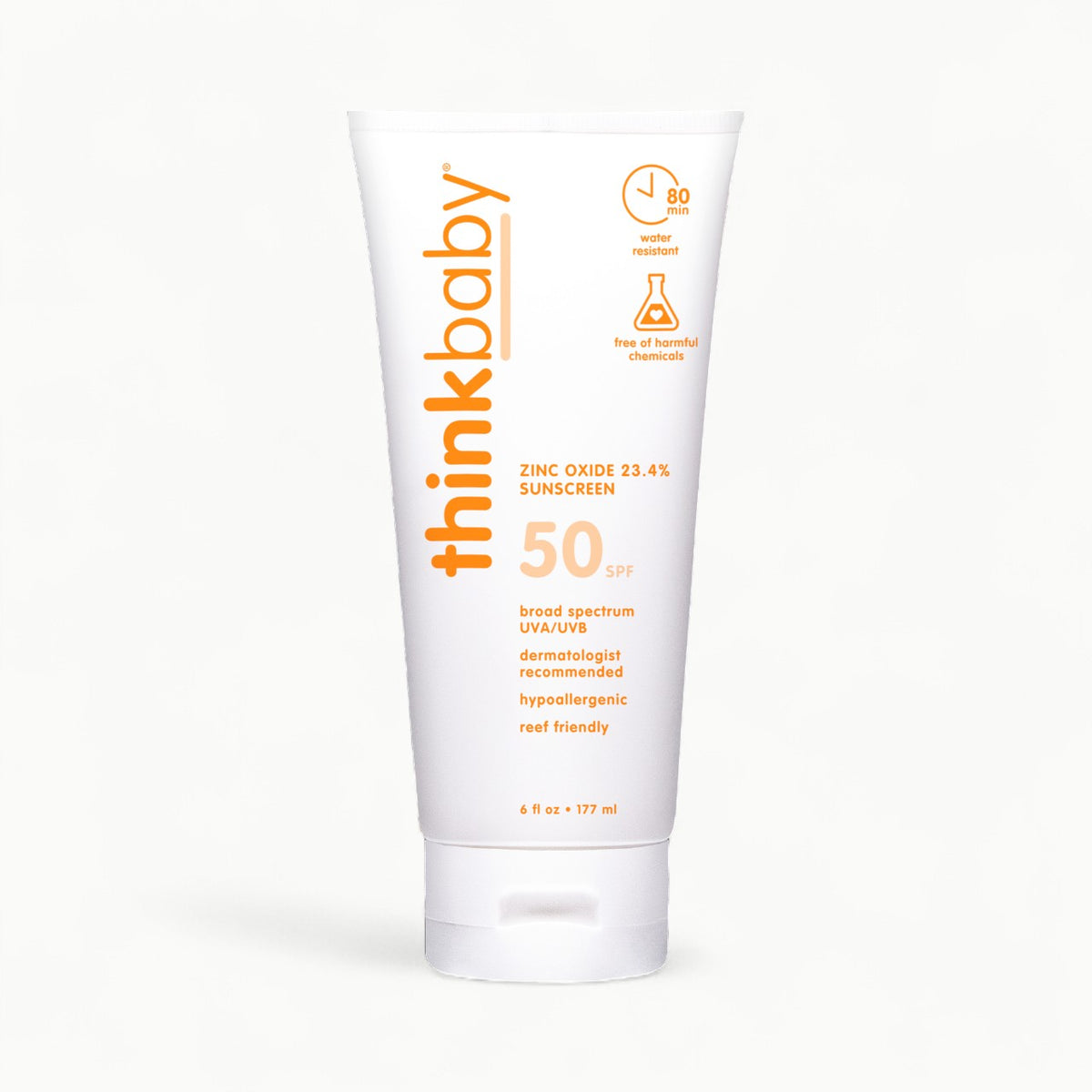 Thinkbaby SPF 50 mineral sunscreen bottle, 6oz—dermatologist-recommended, reef-safe sun protection