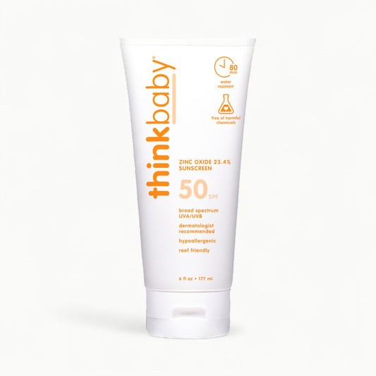 Thinkbaby SPF 50 mineral sunscreen bottle, 6oz—dermatologist-recommended, reef-safe sun protection
