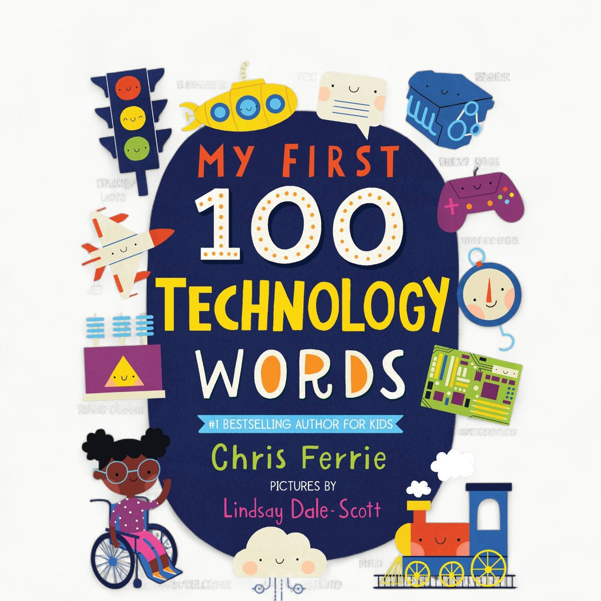 My First 100 Technology Words padded board book by Sourcebooks, featuring bright illustrations of technology vocabulary