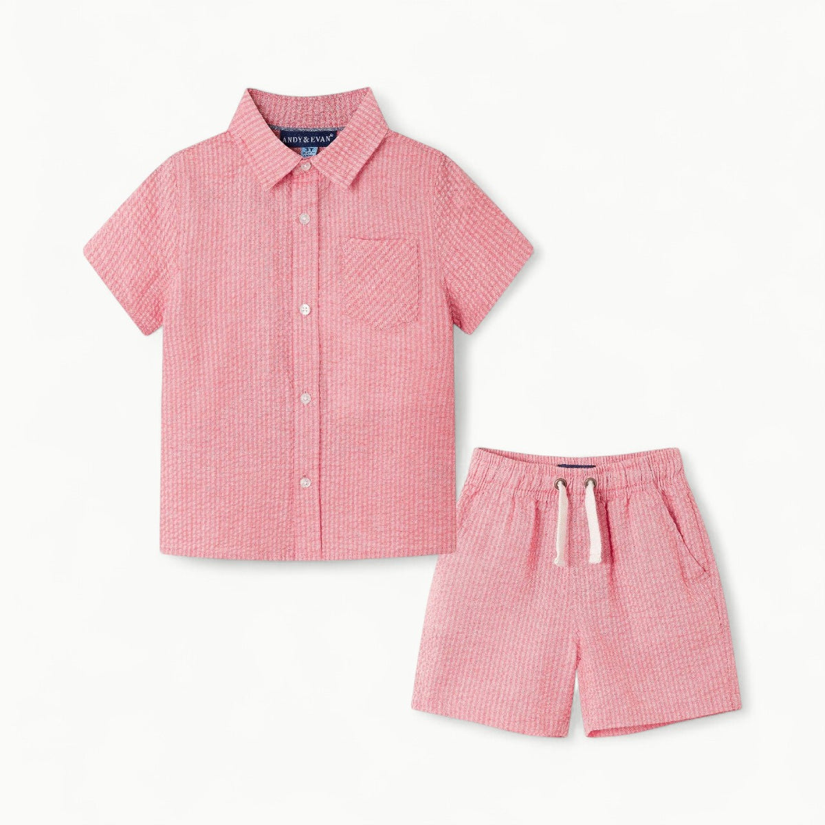 Short Sleeve Buttondown & Short Set | Coral Seersucker