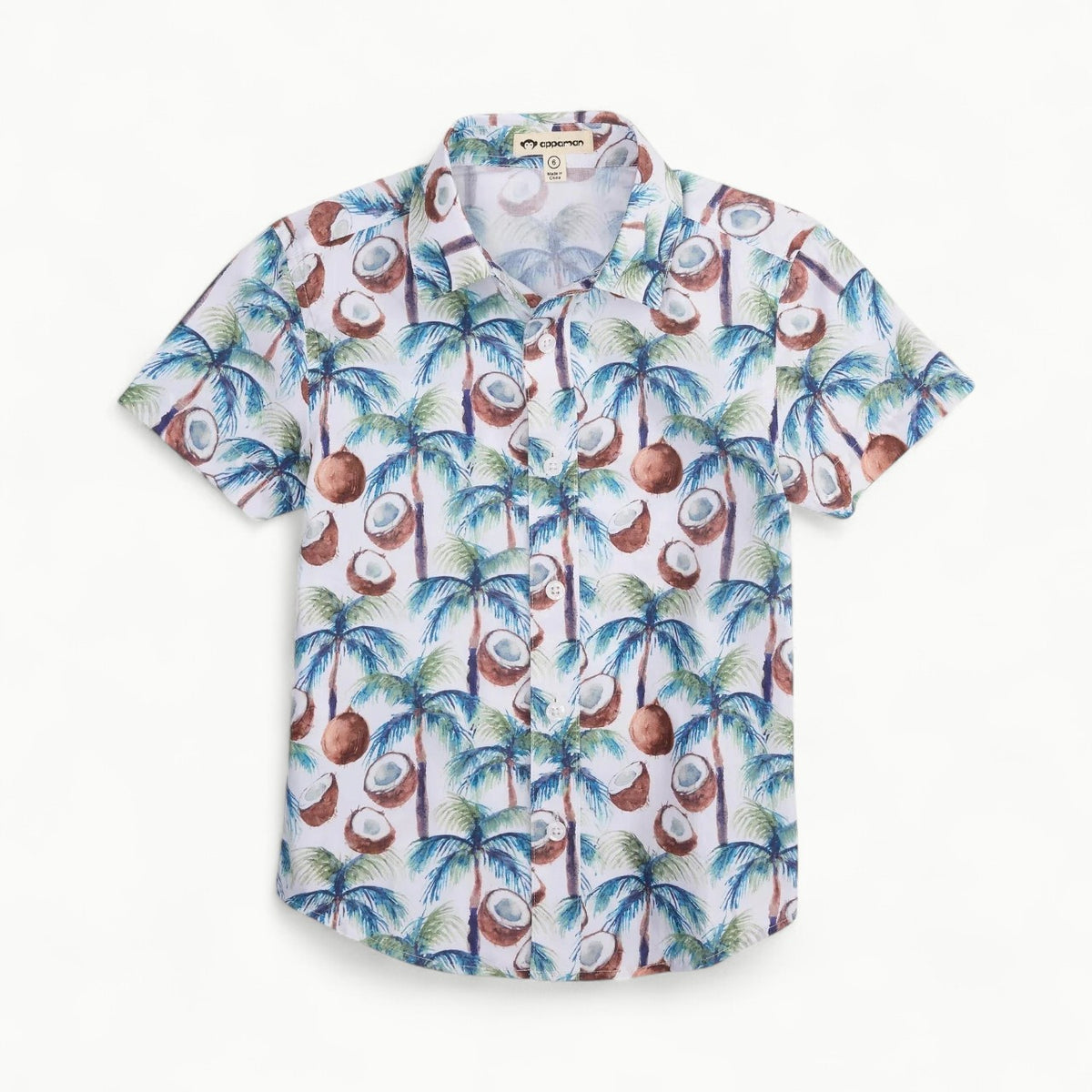 Appaman Day Party Shirt in Coconut Palms, 100% cotton button-down with tropical design