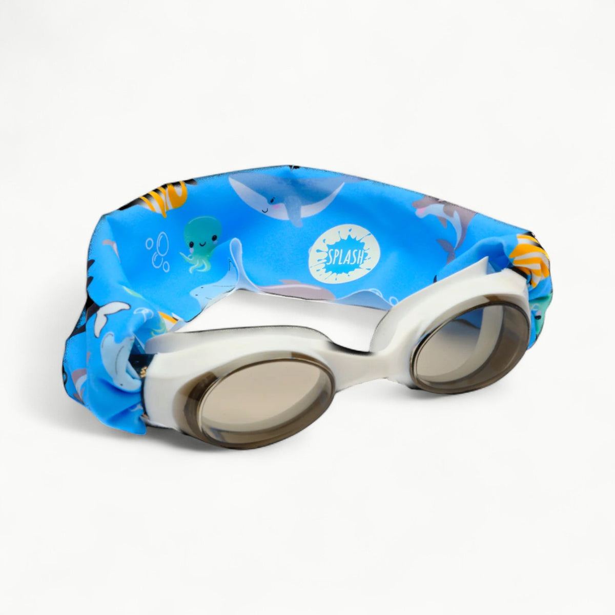 Ocean Friends swim goggles with white frames, sea animal print tangle-free strap, and tinted grey lenses