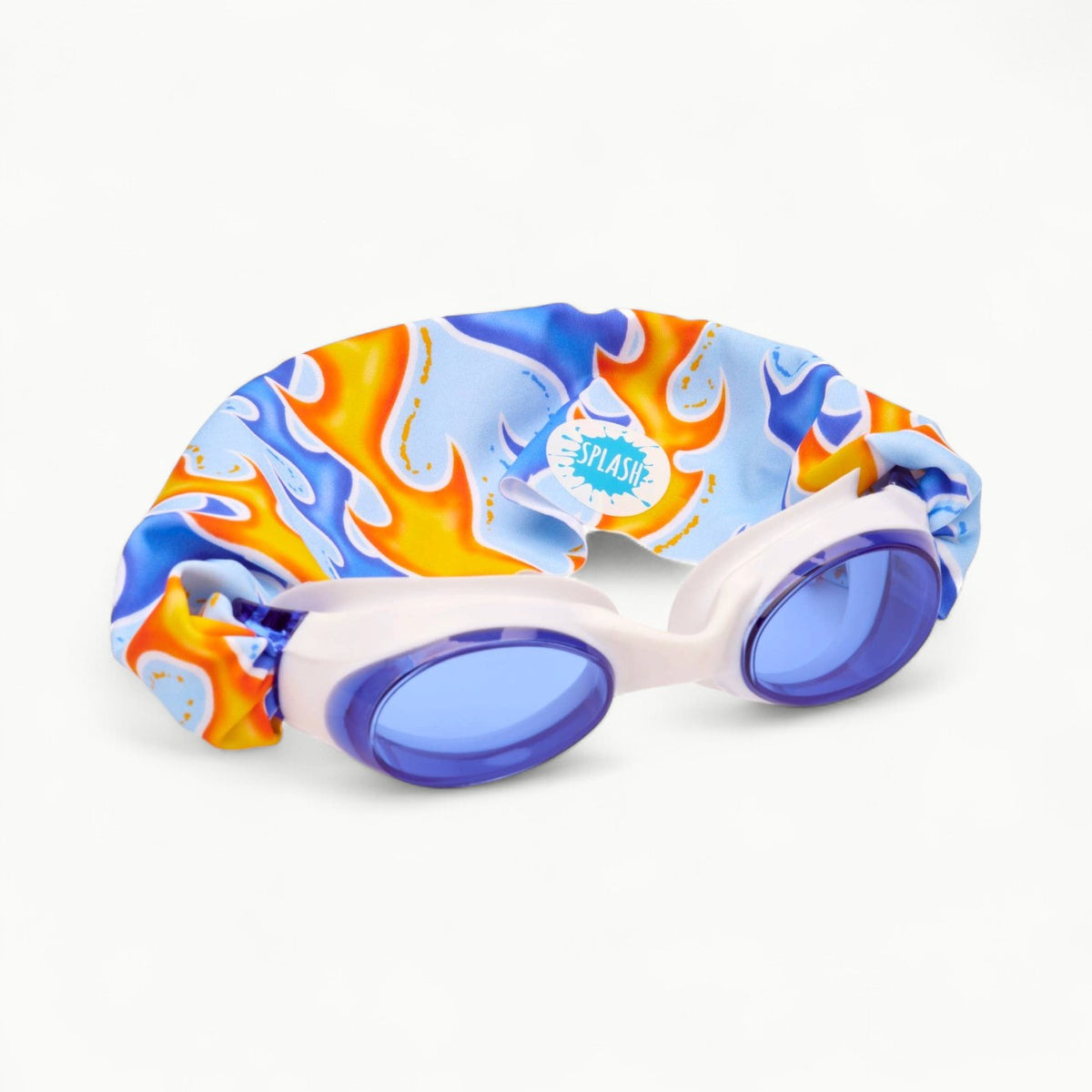 Blaze Swim Goggles with white frames, blue and orange flame print strap, and tinted blue lenses