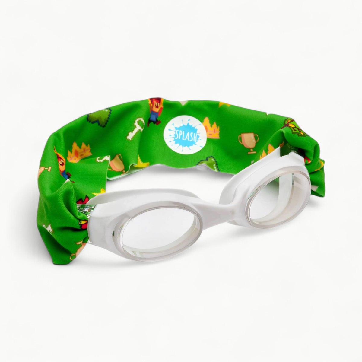 Level Up swim goggles with white frame, grey lenses, and green tangle-free strap in character print